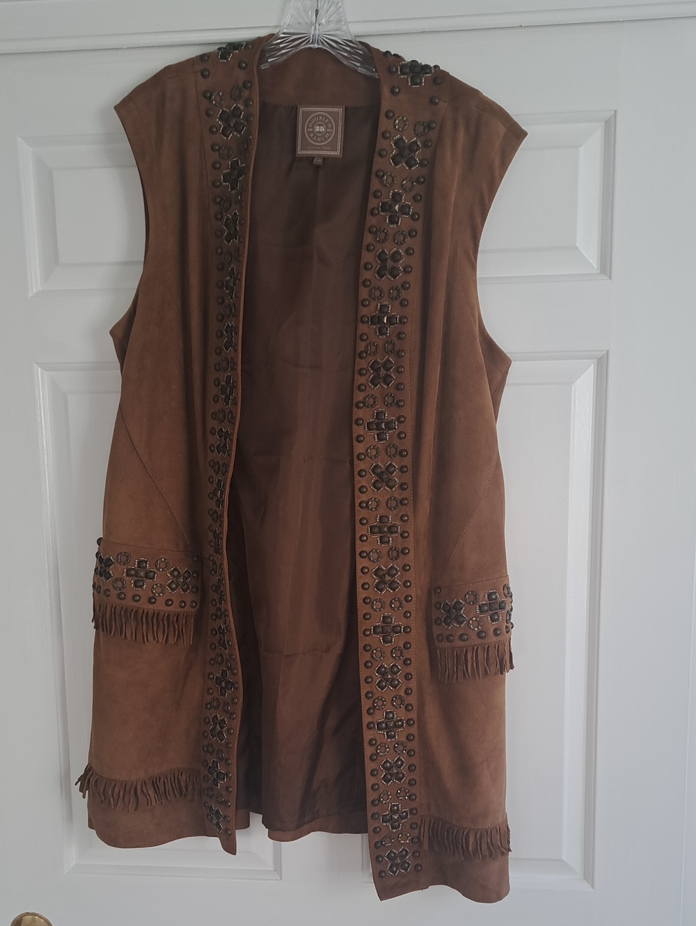 Brown Leather Suede Fringe Vest with Stud Embellishment